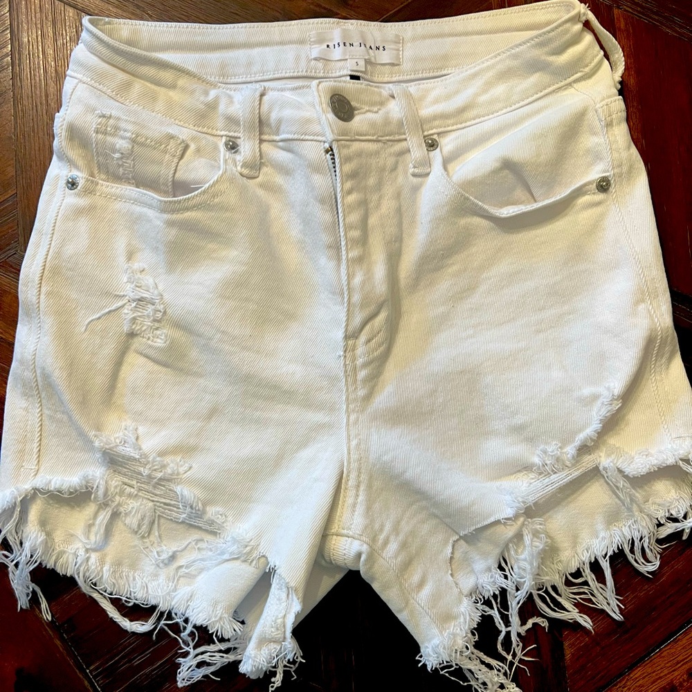 Risen Distressed White Denim Shorts, size Small, excellent used condition.
